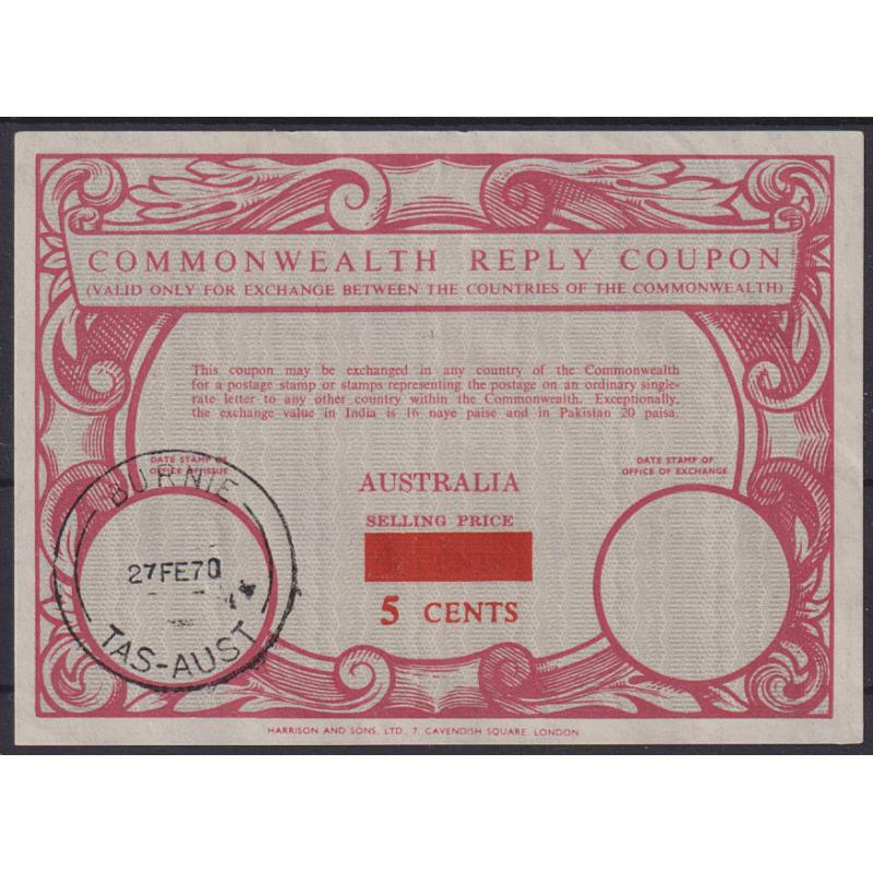 (BB1808) AUSTRALIA · 1970: 5c on 4c surcharged COMMONWEALTH REPLY COUPON issued at Burnie (TAS) · fine condition