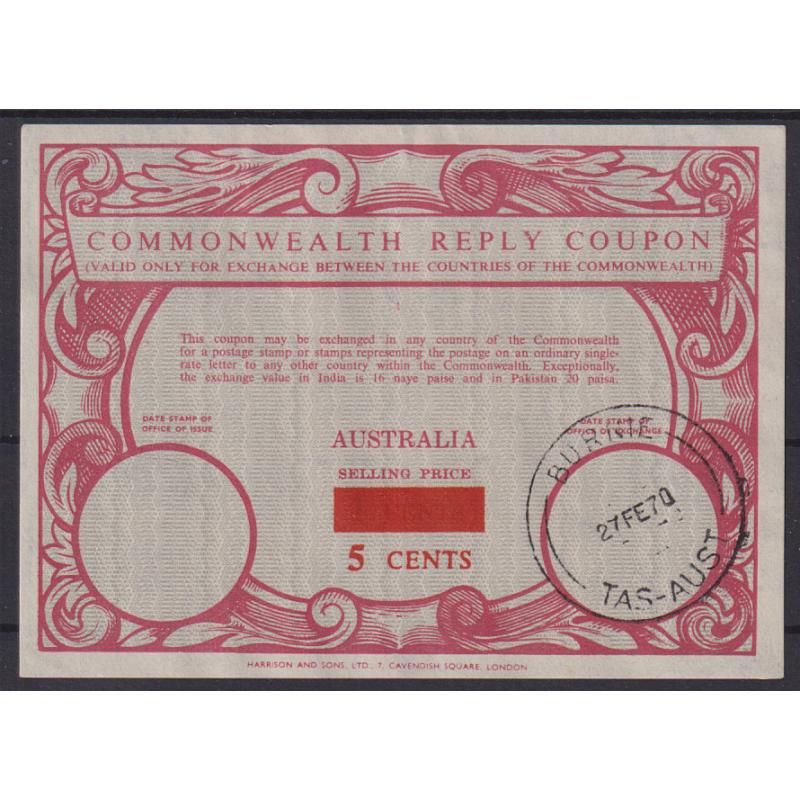 (BB1809) AUSTRALIA · 1970: 5c on 4c surcharged COMMONWEALTH REPLY COUPON issued at Burnie (TAS) · fine condition