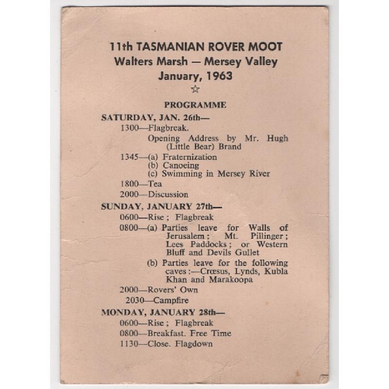 (BB1810) TASMANIA · 1963: programme for the 11th TASMANIAN ROVER MOOT held at WALTERS MARSH, MERSEY VALLEY during January · some wear but overall condition is excellent for an item which probably spent the whole weekend in a shirt pocket!!