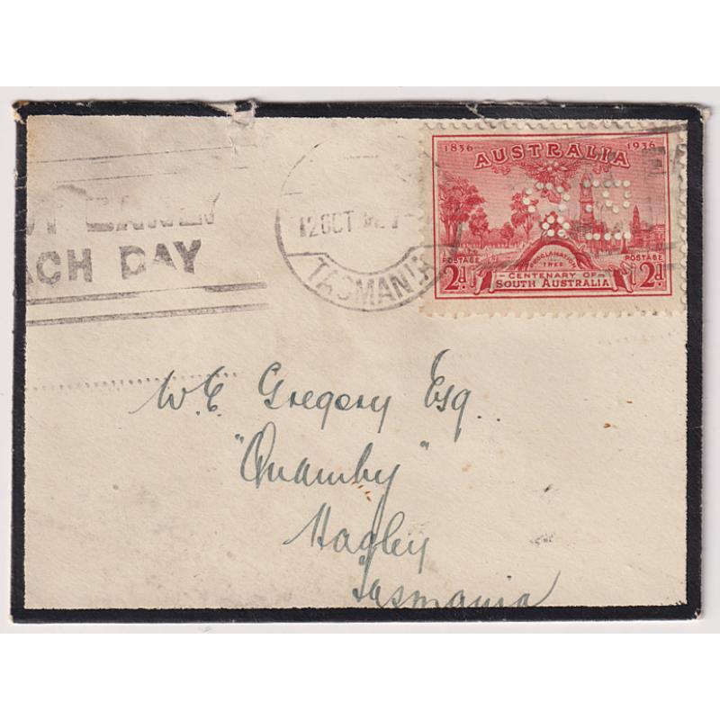 (BB1828) TASMANIA · 1936: small mourning cover mailed at Launceston bearing a single 2d SA Centenary commem with an RI Co private perfin .....rarely seen on this stamp and even rarer still 'on cover'!! · see description