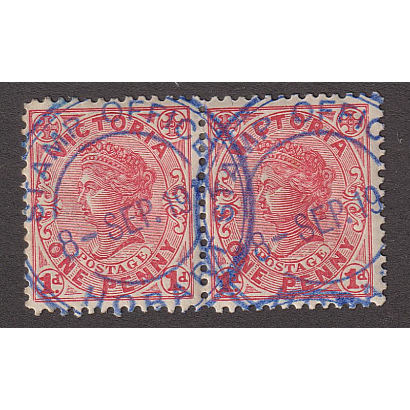 (BB1838) TASMANIA · 1911 (Sept 8th): pair of 1d QV of VIC bearing two very clear strikes of the STAMP OFFICE HOBART Type R1a cds which is rate 5R · this example is over 2 years earlier than the current ERD · see full description