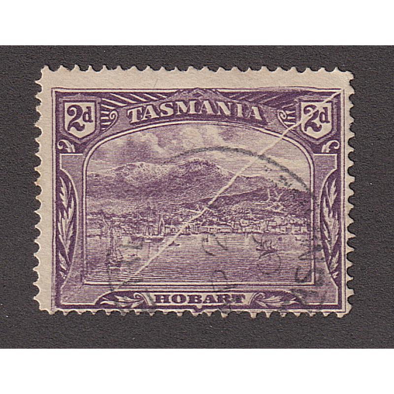 (BB1840) TASMANIA · 1906: lightly used lithographed 2d slate-lilac Pictorial (Crown/A wmk · perf.12.4) SG 245e with PRE-PRINT PAPER CREASE (also retouched top frame variety) · short tear at base but a very nice item all the same (2 images)