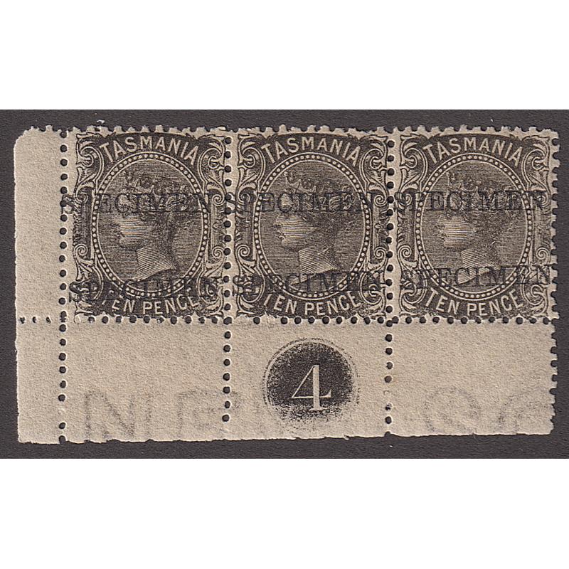 (BB1842) TASMANIA · 1889/91: corner strip of 3x 10d black QV S/face (perf.12) with DOUBLE "SPECIMEN" overprint · Plate "4" on selvedge · only centre unit has been mounted · fresh condition front and back (2 images)