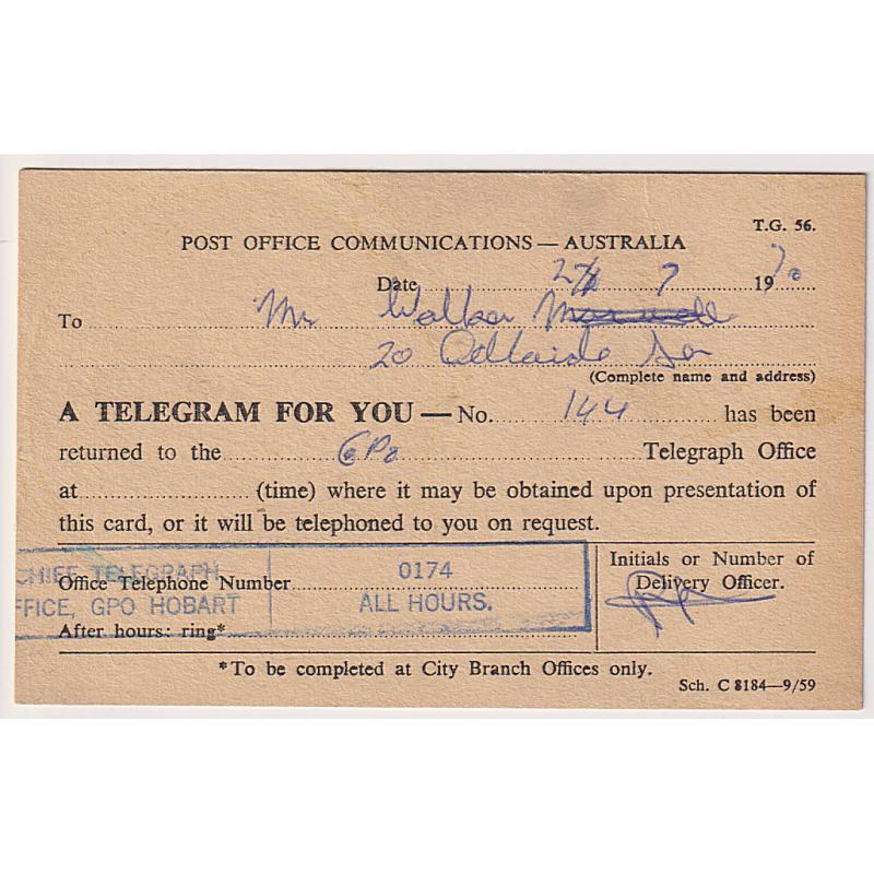 (BB1845) AUSTRALIA · TASMANIA  1970: used "A Telegram for You" advice card (Sch. C8184-9/59) with CHIEF TELEGEGRAPH OFFICE, GPO HOBART h/stamp which I have never seen before · excellent to fine condition