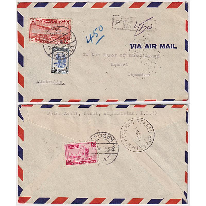 (BB1846) AFGHANISTAN · 1951: registered air mail cover to Tasmania in fine condition