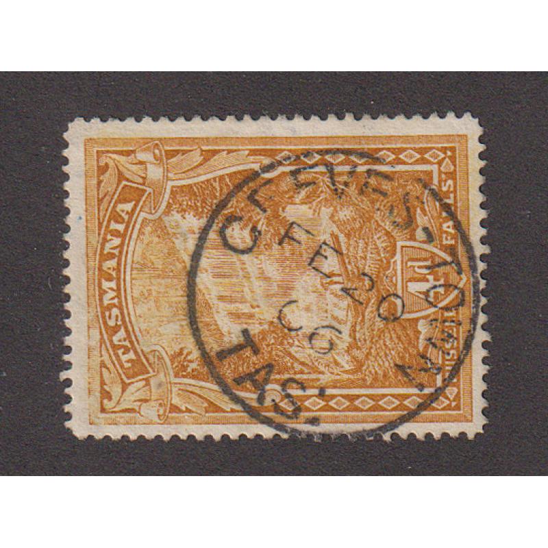 (BB1849) TASMANIA · 1906: a clear strike of the GEEVES-TOWN Type 1a cds on a 4d Pictorial · scarce on this stamp · $5 STARTER!!
