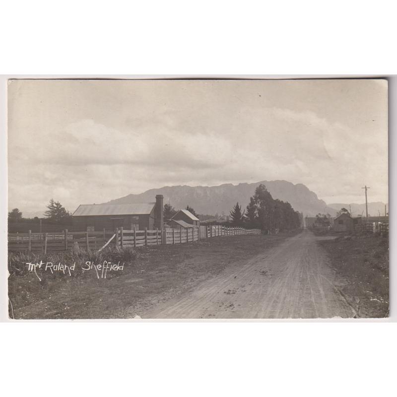 (BB1852) TASMANIA · 1920: real photo card by A.W. Marshall w/view of MT ROLAND SHEEFIELD · some paper adhesions on verso and peripheral wear but quite presentable
