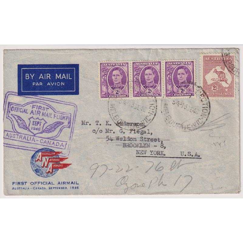 (BB1859) AUSTRALIA · 1946: cacheted souvenir ANA envelope addressed to New York carried of first Australia - Canada air mail flight AAMC #1067a · arrival b/s · excellent to fine  condition