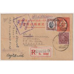 (BB1860) CHINA · 1942 (Nov.10th): uprated 20c Sun Yat Sen postal card mailed registered to Australia from a Polish resident of the International Settlement at Japanese occupied SHANGHAI · excellent condition · see full description (2 images)