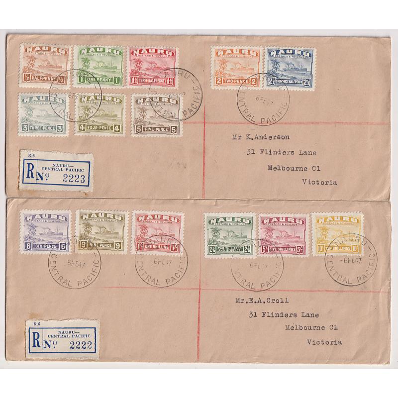 (BB1866L) NAURU · 1947: 2x registered cover to Australia bearing the complete S.S."Century" pictorial defins SG 26B/39B (note 2½d is SG 30A) · excellent clean condition · min. c.v. is £275 (2 covers)