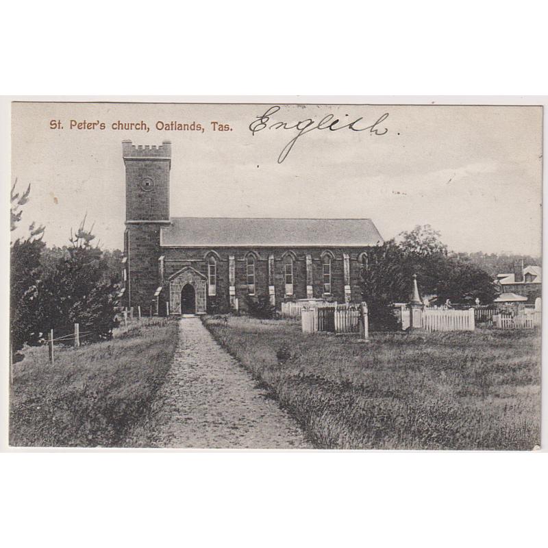 (BB1869 TASMANIA · 1908 card by Spurling & Sons (No.378) w/view ST. PETER'S CHURCH OATLANDS · mailed from there to STEPPES · excellent to fine condition