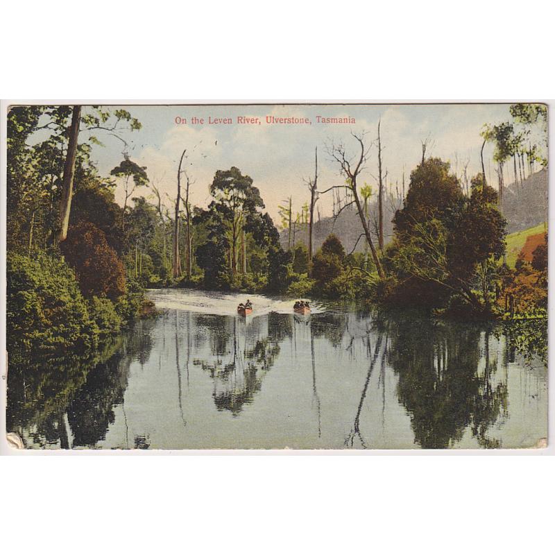 (BB1870) TASMANIA · 1922: postally used colour PPC by Spurling & Son (No.591) w/view ON THE LEVEN RIVER, ULVERSTONE · some minor corner wear o/wise in excellenmt condition