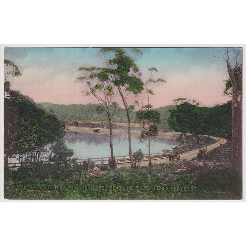 (BB1880) TASMANIA · 1907: "Wynphotoprint" Hand-Coloured Series card by Selwyn Cox w/view PICTURESQUE TASMANIA · HORSESHOE BEND AND RIVER MERSEY, DEVONPORT · postally used and in excellent to fine condition