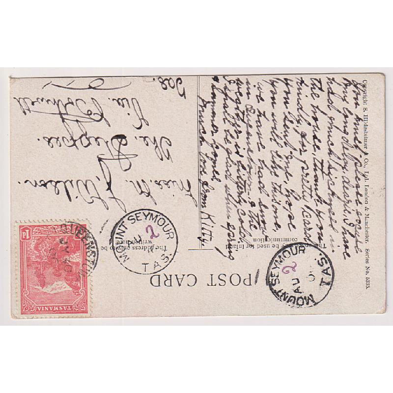 (BB1881) TASMANIA · 1906: PPC with European view with two full clear strikes of the MOUNT SEYMOUR Type 1a cds · 'day' has been added to dateline with an indelible pencil · postmark is rated S+(6)