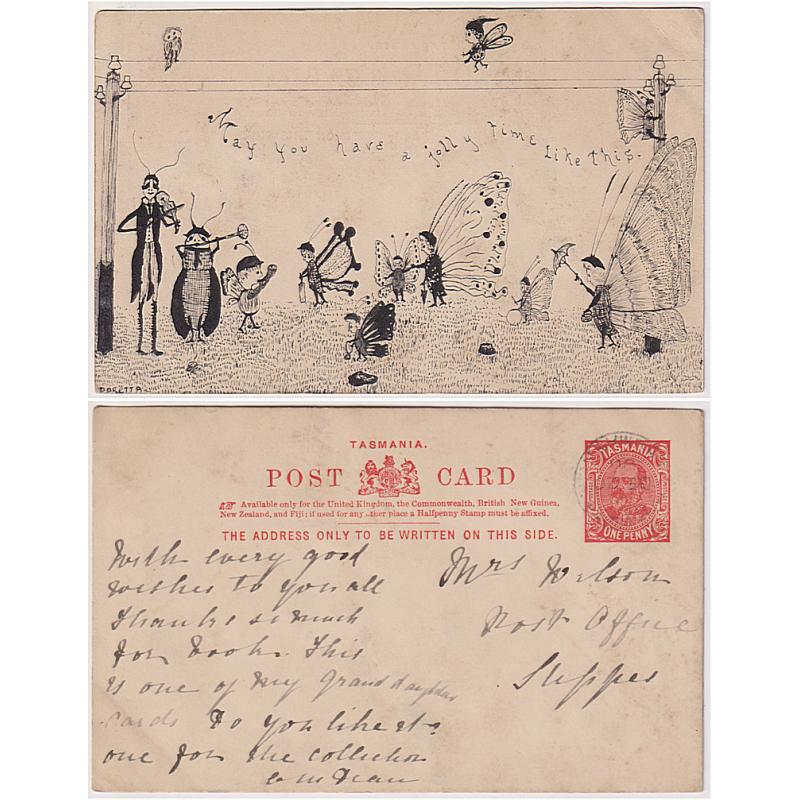 (BB1884) TASMANIA · 1906: 1d KEVII postal card G&S PC10 with a humorous pen drawing on verso · addressed to Mrs. (J) Wilson who was the postmistress at STEPPES at this time · some light soiling on front o/wise in excellent condition