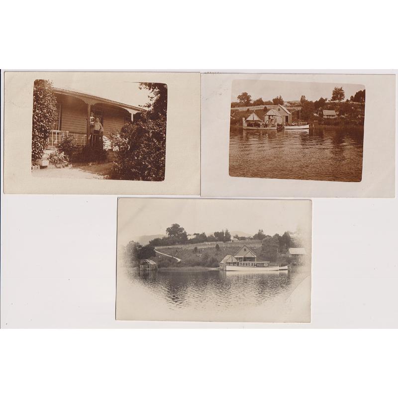 (BB1888) TASMANIA · 1905/06: 3x real photo cards from the same sender with views of the same  jetty and apple shed (?) as well as a farmhouse at WOODSTOCK · all cards are in excellent to fine condition (2 images)