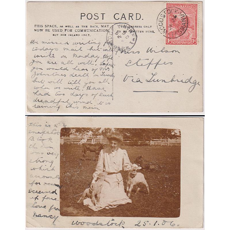 (BB1891) TASMANIA · 1906: real photo card with a portrait mailed to the Steppes at WOODSTOCK · fine strike of the Type 1 cds ties 1d Pictorial franking · nice condition · postmark is rated S-(4)