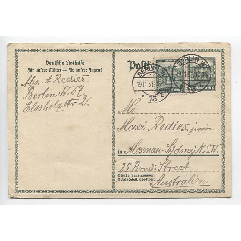 (BB1906) GERMANY · 1931: 8pf Nothilfe postal card uprated with identical stamp to indicium · overpaid postcard rate to Australia by 1pf · Christmas greetings on verso · some minor imperfections but still very presentable