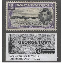 (BB1920) ASCENSION · 1938: mint ½d black/violet KGVI pictorial definitive with "long centre bar in E of GEORGETOWN" variety SG 28ba · c.v. £90 (2 images)