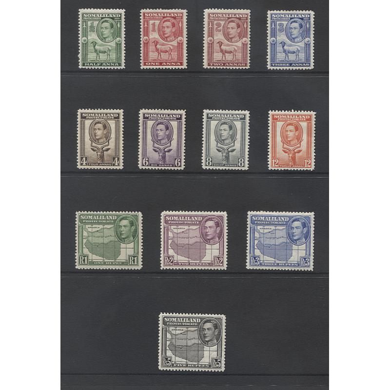 (BB1930) SOMALILAND PROTECTORATE · 1938: M/MLH KGVI pictorial definitives SG 93/104 · some clean hinge remnants however the overall condition is excellent front/back · c.v. £150 · 12 stamps (2 images)