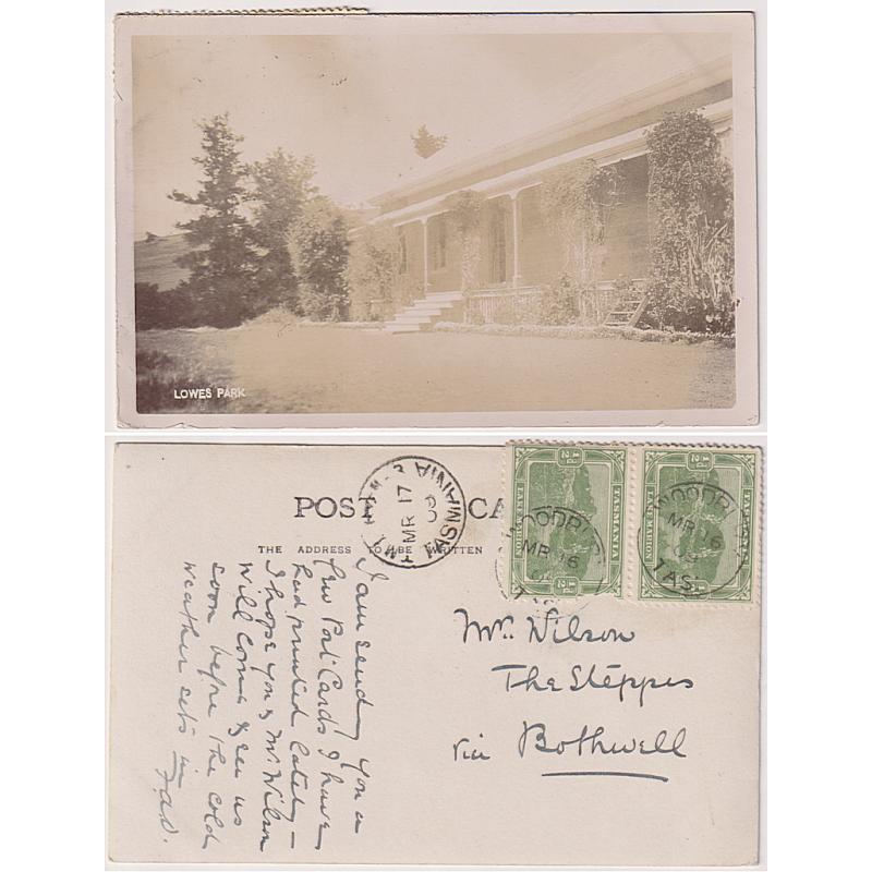 (BB1965) TASMANIA · 1909: real photo card w/view of the residence at LOWES PARK which is on Glen Morey Road at WOODBURY · mailed from there with a T.M.L.Ry No.3 transit b/stamp · photo a little over-exposed but the card is in excellent condition