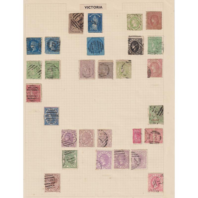(BB1967L) VICTORIA · 1854/1912: four ancient album pages housing a collection of mainly used oddments in a mixed condition · includes a 1/- QV Laureate, Stamp Statutes, S/Duties, OS perfins, p/dues, etc · 130 stamps (4 images)