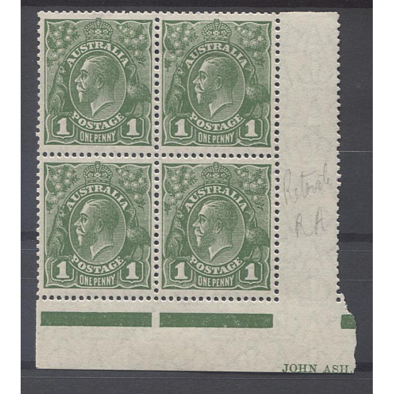 (BB1967) AUSTRALIA · 1926: M/MNH corner block of 4x 1d green KGV (SM Wmk · perf.13½x12½) from LR of LH pane with "FERNS" and "RA RETOUCH" varieties ACSC81(4)ia, ja · nice condition front/back · c.v. AU$340 (2 images)