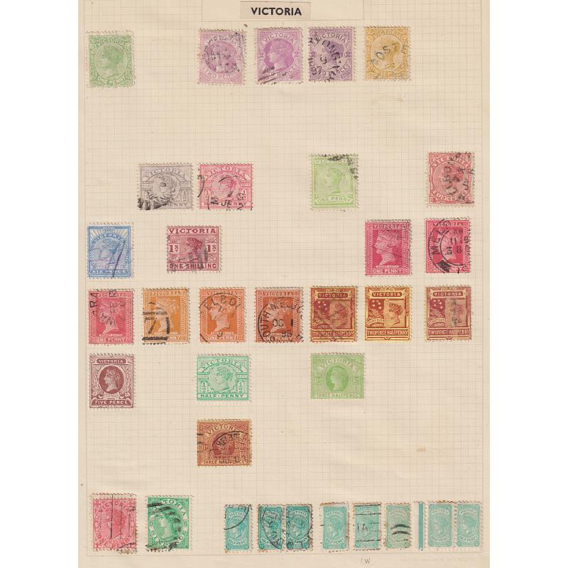 (BB1967L) VICTORIA · 1854/1912: four ancient album pages housing a collection of mainly used oddments in a mixed condition · includes a 1/- QV Laureate, Stamp Statutes, S/Duties, OS perfins, p/dues, etc · 130 stamps (4 images)