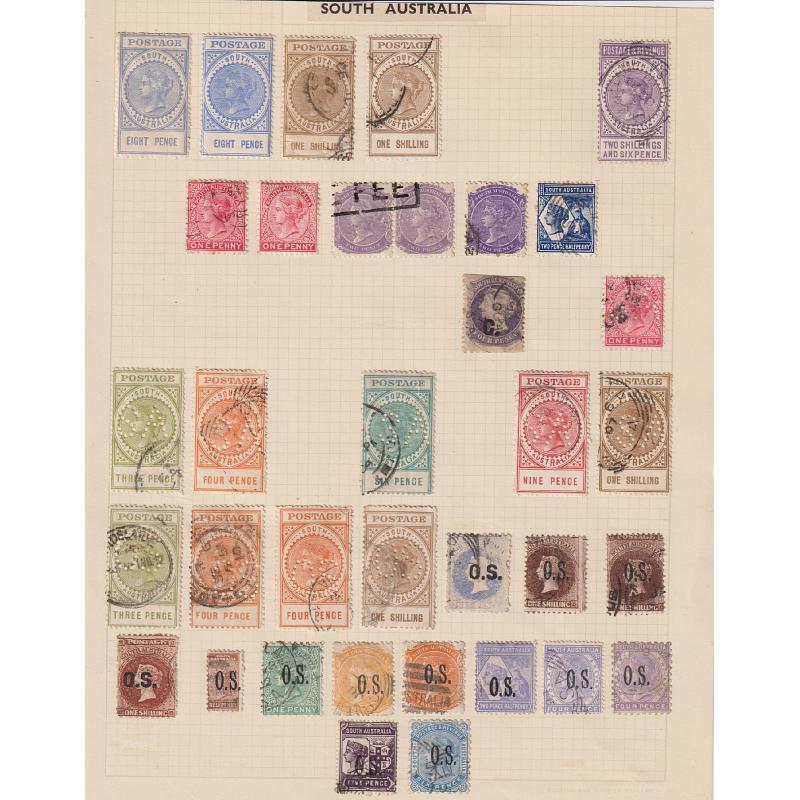 (BB1968L) SOUTH AUSTRALIA · 1860/1912: three album pages housing a collection of used and some mint oddments in a mixed condition · includes OS o/prints, Long Stamps to 2/6d · worth a closer look · 90 stamps (3 images)