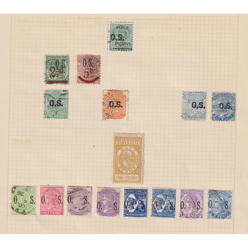 (BB1968L) SOUTH AUSTRALIA · 1860/1912: three album pages housing a collection of used and some mint oddments in a mixed condition · includes OS o/prints, Long Stamps to 2/6d · worth a closer look · 90 stamps (3 images)