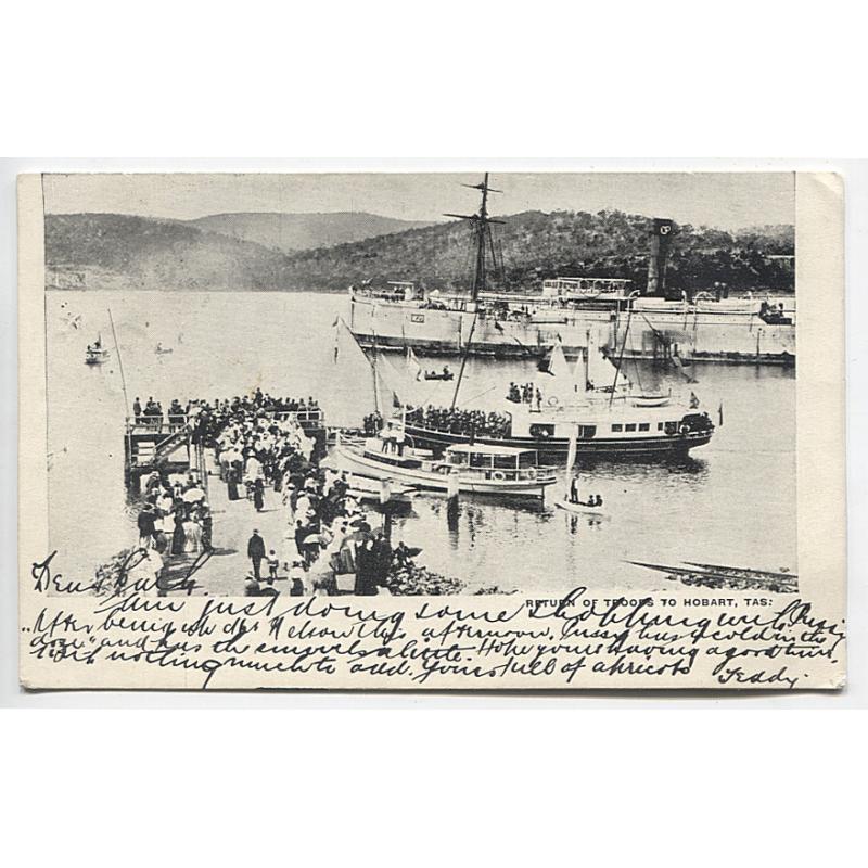 (BB1994) TASMANIA · 1905: postally used undivided back card with view titled RETURN OF TROOPS TO HOBART in excellent to fine condition · a scarce card in my experience