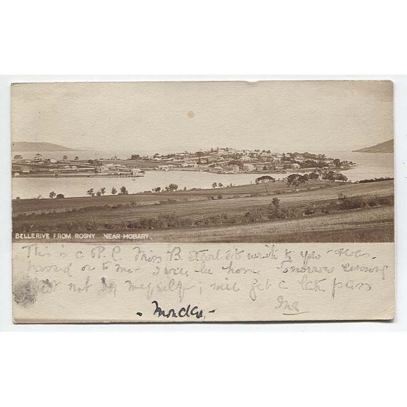 (BB1999) TASMANIA · 1905: real photo card with a view of BELLERIVE FROM ROSNY NEAR HOBART postally used with 1d Pictorial franking · excellent to fine condition
