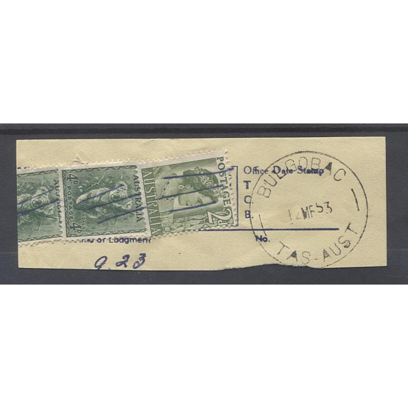 (BL1010) TASMANIA · 1953: an excellent example of the BULGOBAC Type 5 cds on a telegram clipping · postmark is rated 3R