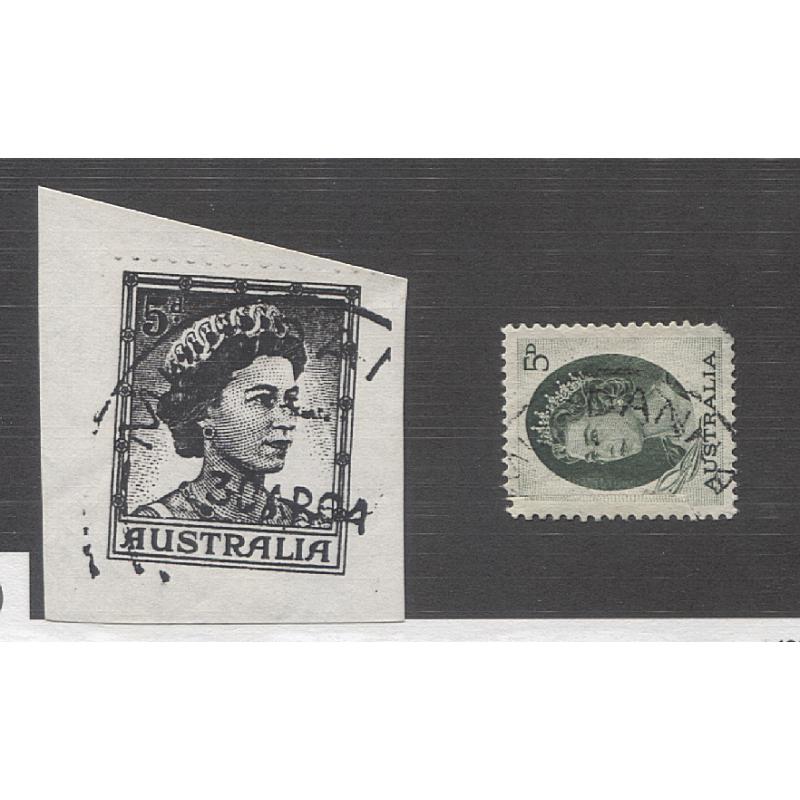 (BL1013) TASMANIA · 1964: a partial but obvious impression of the MURDANNA Type 5s(i) on a 5d QEII definitive · postmark is rated 5R