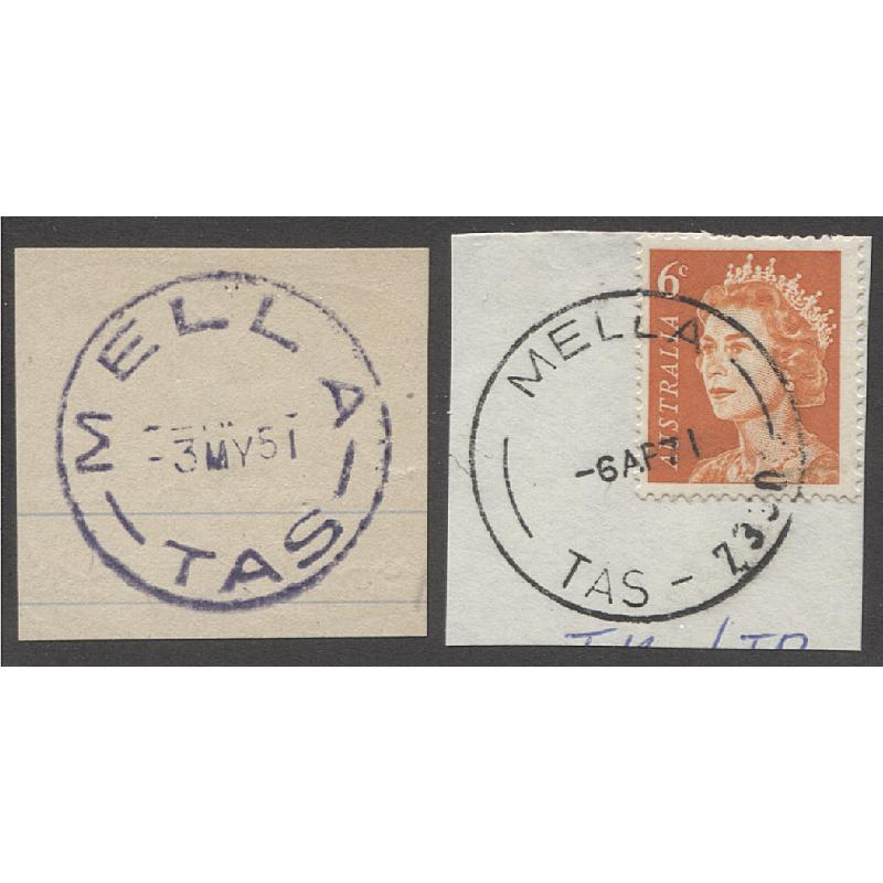 (BL1023) TASMANIA · 1951/71: full clear impressions of the MELLA Types 4 and 6a cds on piece · both postmarks are rated 2R