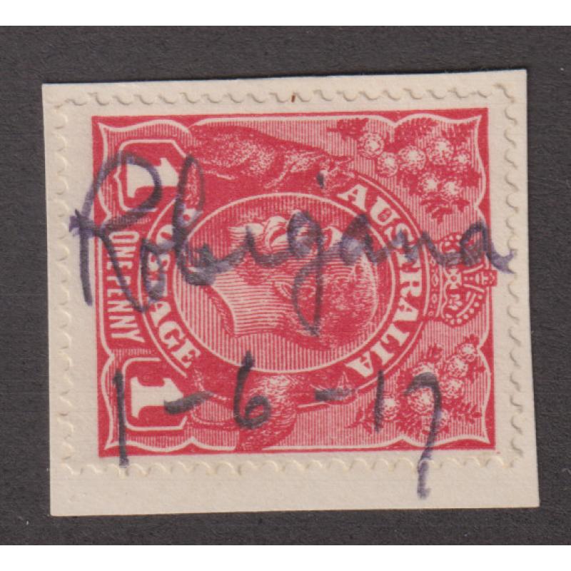 (BL1035) TASMANIA · 1917: an excellent example of a ROBIGANA manuscript cancel dated "1-6-17" on a 1d KGV franked piece · postmark is rated R