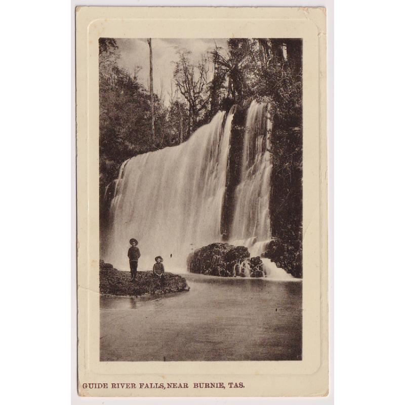 (BL1174) TASMANIA · 1914: scarce card published by G. Carroll at Burnie w/view GUIDE RIVER FALLS, NEAR BURNIE · mailed from BLYTHE with a discernible strike of the Type 1 cds which is rated 4R during this period