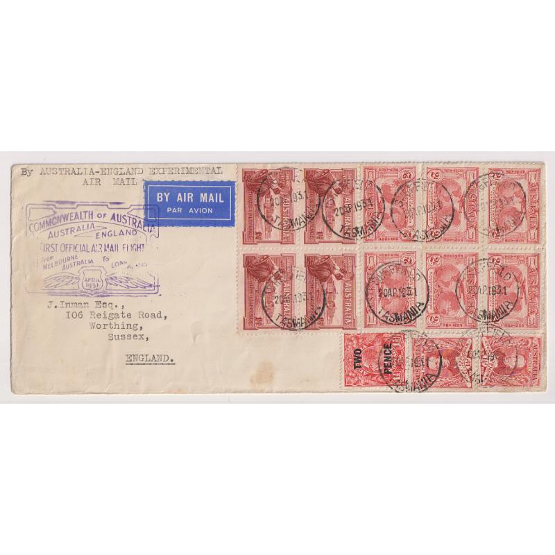 (BL1176L) AUSTRALIA · TASMANIA · 1931: multiple franked cacheted cover mailed at SHEFFIELD, TAS and carried on the First Official Air Mail Flight Melbourne to London AAMC #188 · any imperfections are quite minor · c.v. AU$50