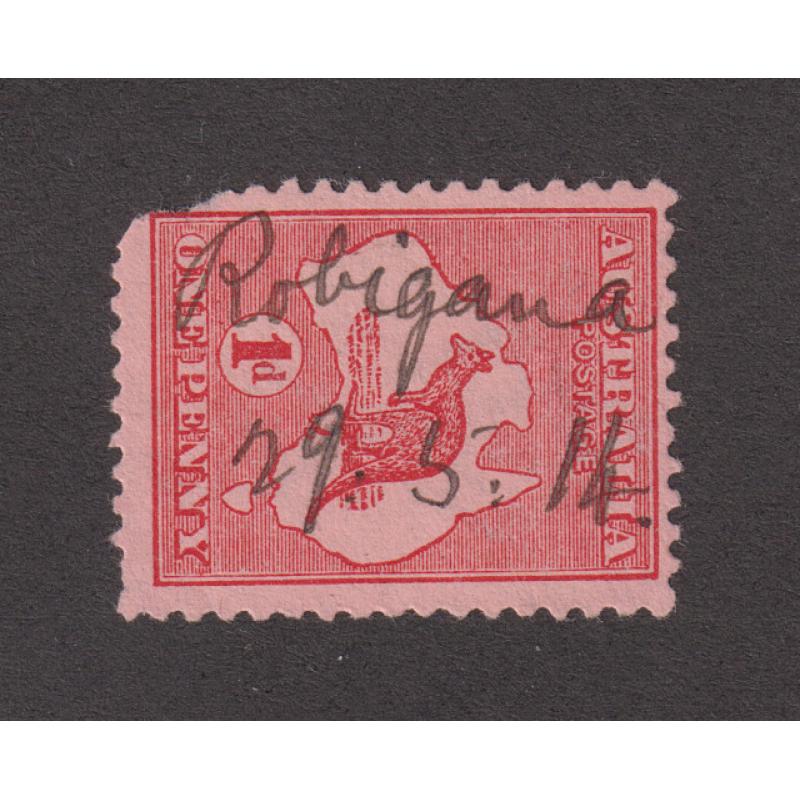 (BL1178) TASMANIA · 1914: complete example of a ROBIGANA mss. cancel dated "29.5.14" on a faulty 1d Roo · postmark is rated R · $5 STARTER!!