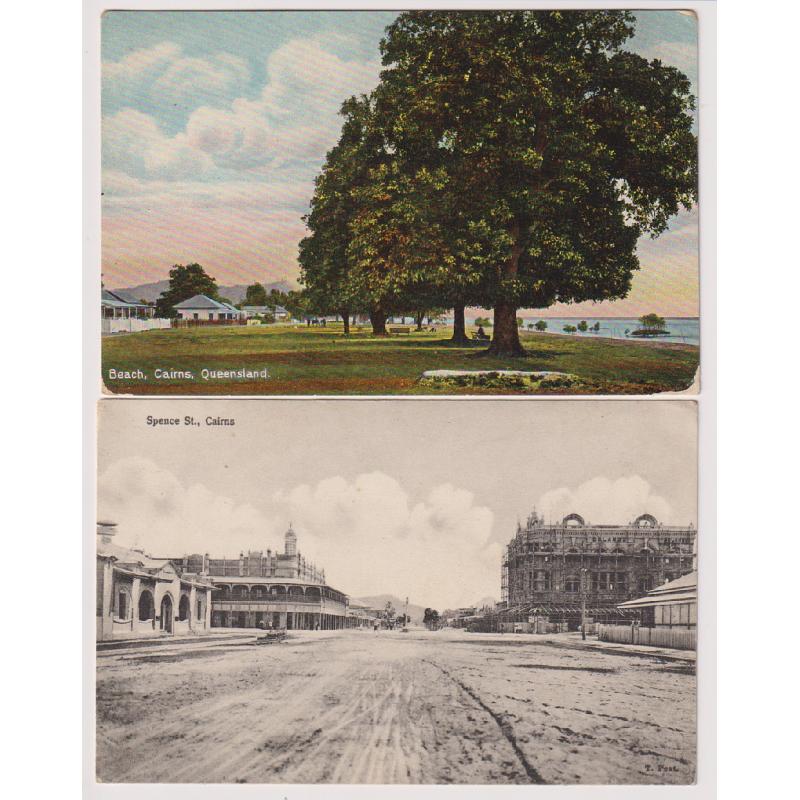 (BL1181) QUEENSLAND · 1911/14: two used cards with views of CAIRNS with SPENCE STREET and the BEACH, the latter card being from the "Coloured Shell" Series