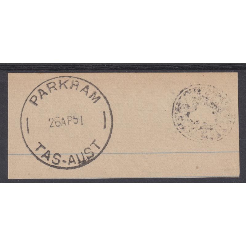 (BL1182) TASMANIA · fine strike of the GAWLER Type 4a cds on piece (possibly from a postal inspector's notebook) with an impression of the Crown Seal alongside; "bonus" similar item from PARKHAM on back (2 images)