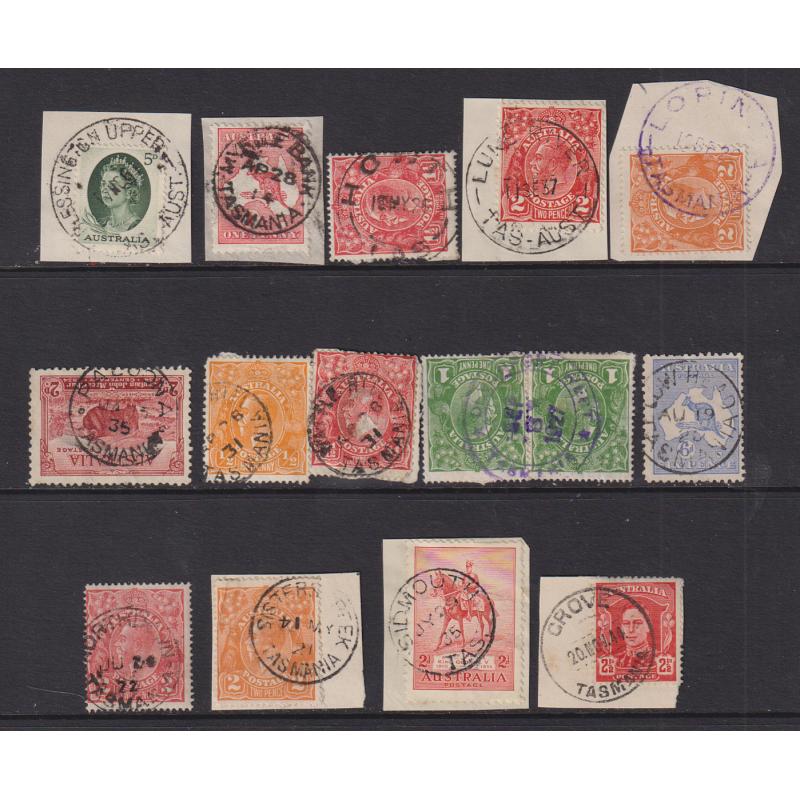 (BL1184) TASMANIA · a Baker's Dozen of selected postmarks on stamp or piece · includes 'rated' - BLESSINGTON UPPER, HOWTH, LORINNA, NORTHDOWN, PALOONA, etc. (13)