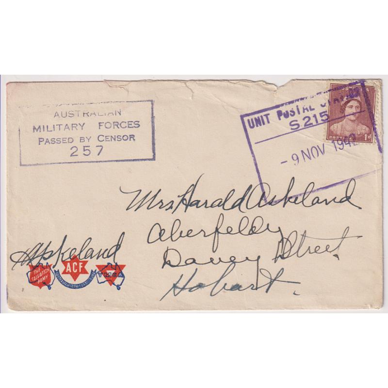 (BL1202) TASMANIA · 1942: clear strike of the UNIT POSTAL STATION S 215 Type R5 datestamp used at MONA VALE MILITARY PO on a censored ACF envelope · postmark is rated 4R used at this office