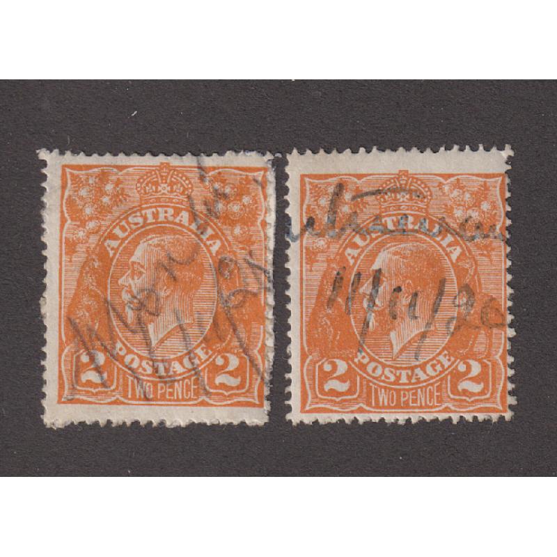 (BL1211) TASMANIA · 1920: two 2d orange KGV defins with partial "Montumana" manuscript cancels dating from the 11th & 16th November · believed to be a temporary measure while the steel datestamp was being repaired