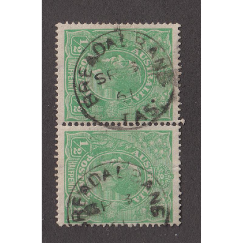 (BL1213) TASMANIA · 1919: two strikes of the BREADALBANE Type 1 cds on a pair of ½d green KGV defins · postmark is rated R