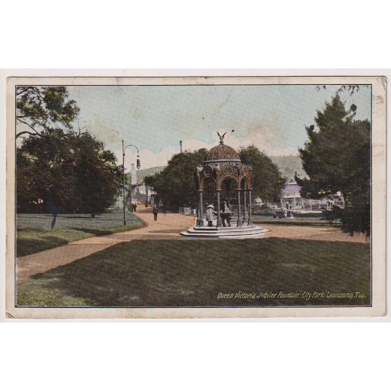 (BL1220) TASMANIA · c.1905: used undivided back card w/view of the QUEEN VICTORIA JUBILEE FOUNTAIN CITY PARK LAUNCESTON · some soiling and wear but quite displayable · not a common card $5 STARTER!!