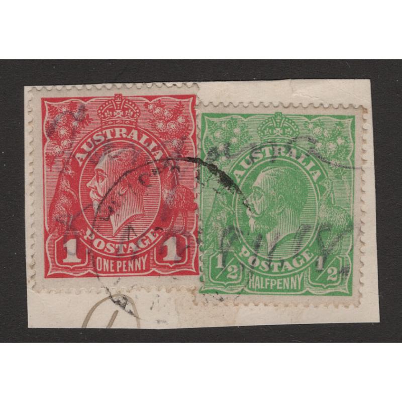 (BL1247) TASMANIA · 1918: light but obvious example of a TANGANA manuscript cancel dated "8.11.18" on piece · light CASTRA UPPER Type cds impression · postmark is rated 4R