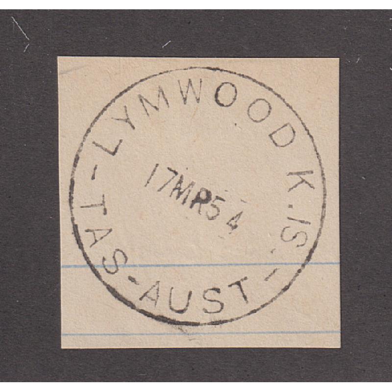 (BL1461) TASMANIA · 1954: a full clear strike of the LYMWOOD K.IS. Type 5 cds on a notebook clipping · postmark is rated 4R