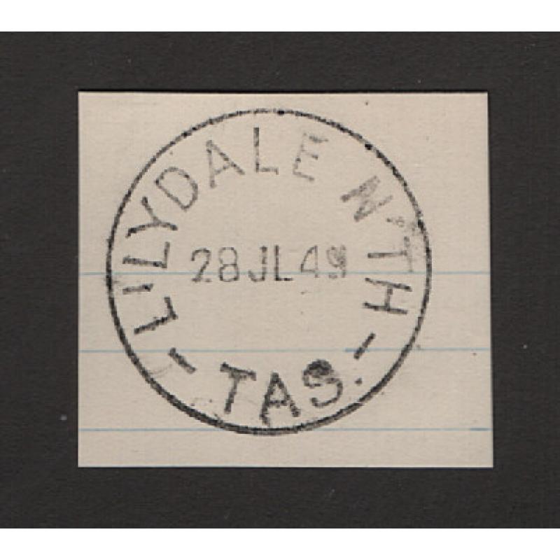 (BL15031) TASMANIA · 1949: an A1 quality strike of the LILYDALE NORTH Type 4a cds on a notebook clipping · light strike of LOYETEA Type 2b cds on verso · postmarks a rated 3R and 2R respectively