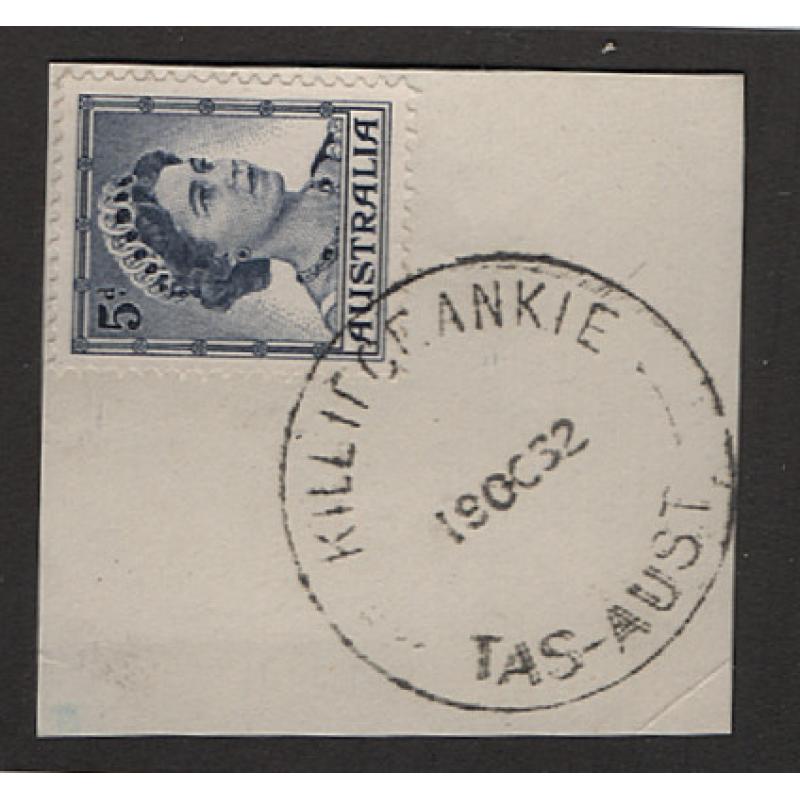 (BL15032) TASMANIA · 1962: a clear fully-frame strike of the KILLIECRANKIE (Flinders Island) Type 5s cds on an envelope clipping · postmark is rated 2R